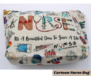 Funny Nurse Gift Bag Nurse Make-up Holder Nurse Cartoon Full Warp Print Bag Funny Cartoon Nurse Theme Supply Bag Fill Zip ER Nurse Gift Set