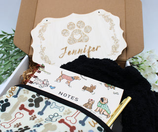 Dog Mom Gift Box with Laser Engraved Sign Accessory Paw Print Zippered Bag Comfy Socks Dog Themed Journal