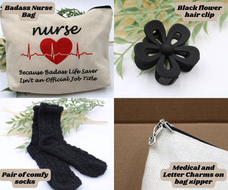 Badass Nurse Gift Box with Black Hair Accessory Socks Zippered Bag Personalized Stethescope Block Letter Charm